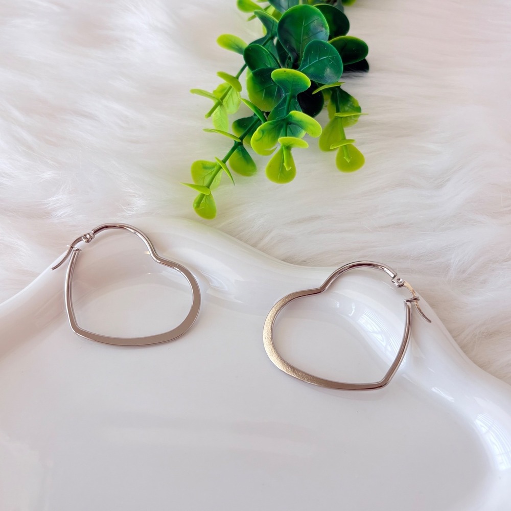 Silver Stainless Steel Heart Hoop‎ Earrings
